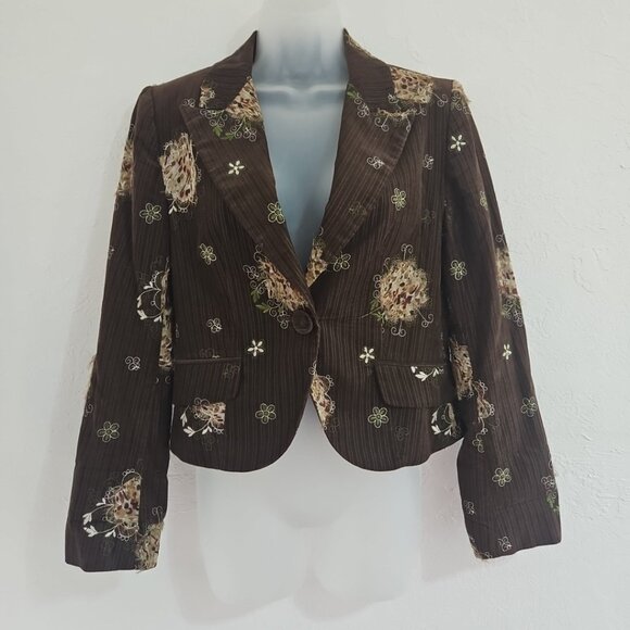 Vtg Boho Chic Chocolate Brown Embroidered Floral Jacket Western Blazer Sz 6 - Picture 1 of 10